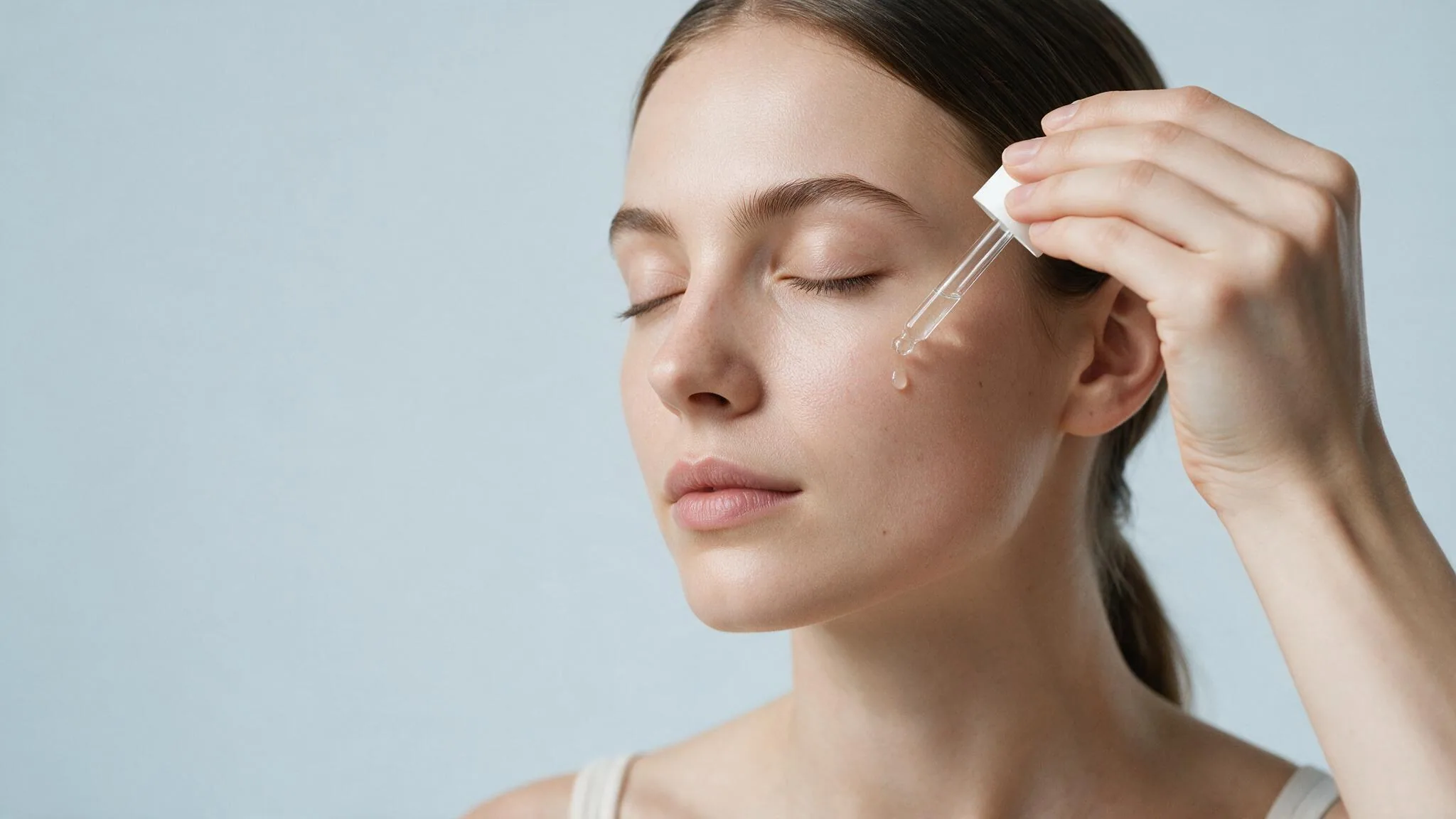 Mujer aplicándose sérum facial frente al espejo