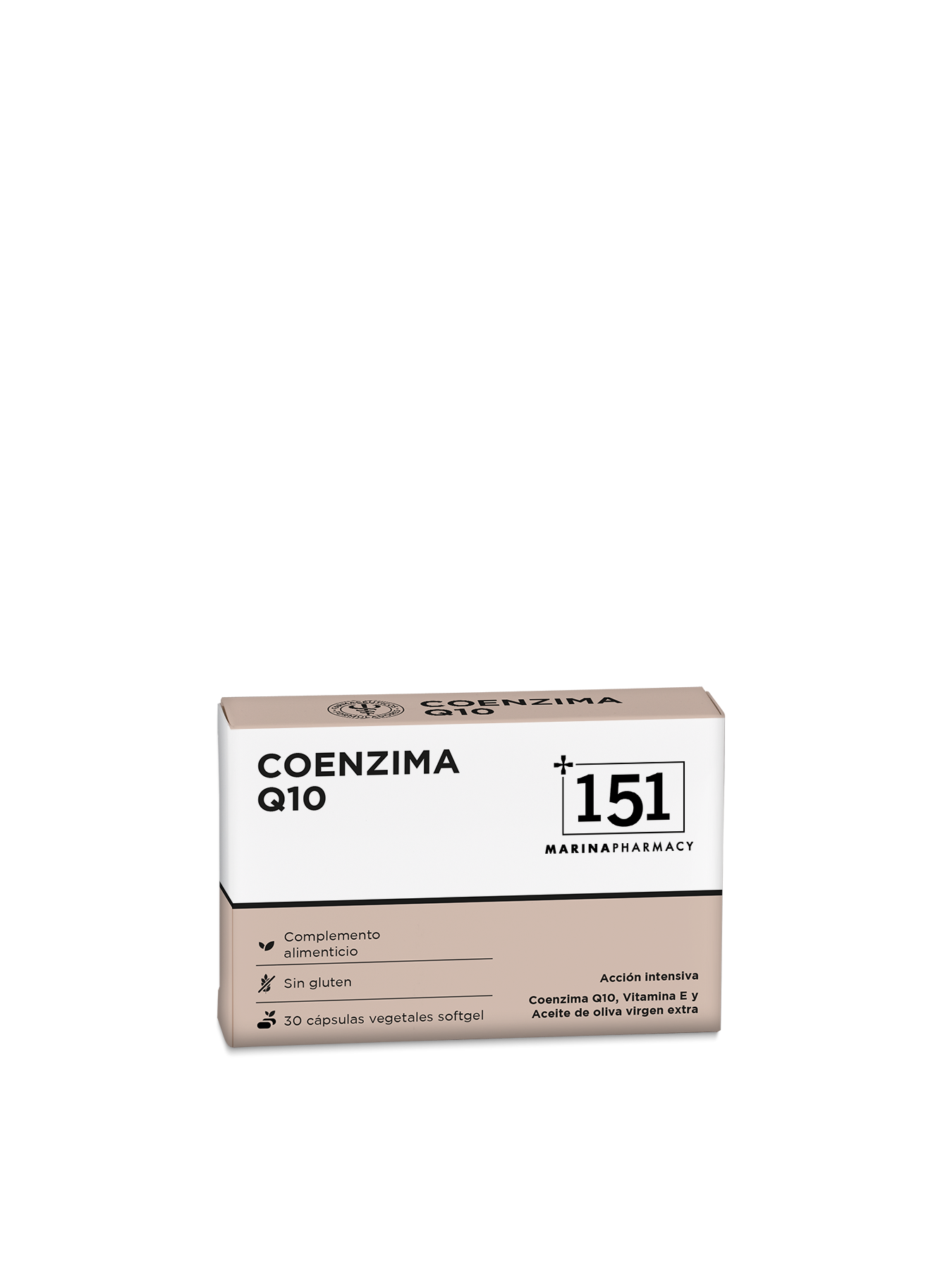 Envase de 30 cápsulas vegetales softgel de coenzima Q10 de 151 Marina Pharmacy