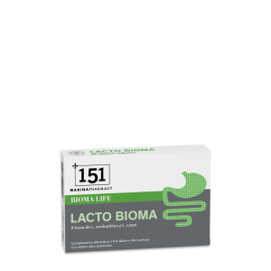 Envase de Lacto Bioma de la línea Bioma Life con 30 cápsulas vegetales de lactobacilos en blíster