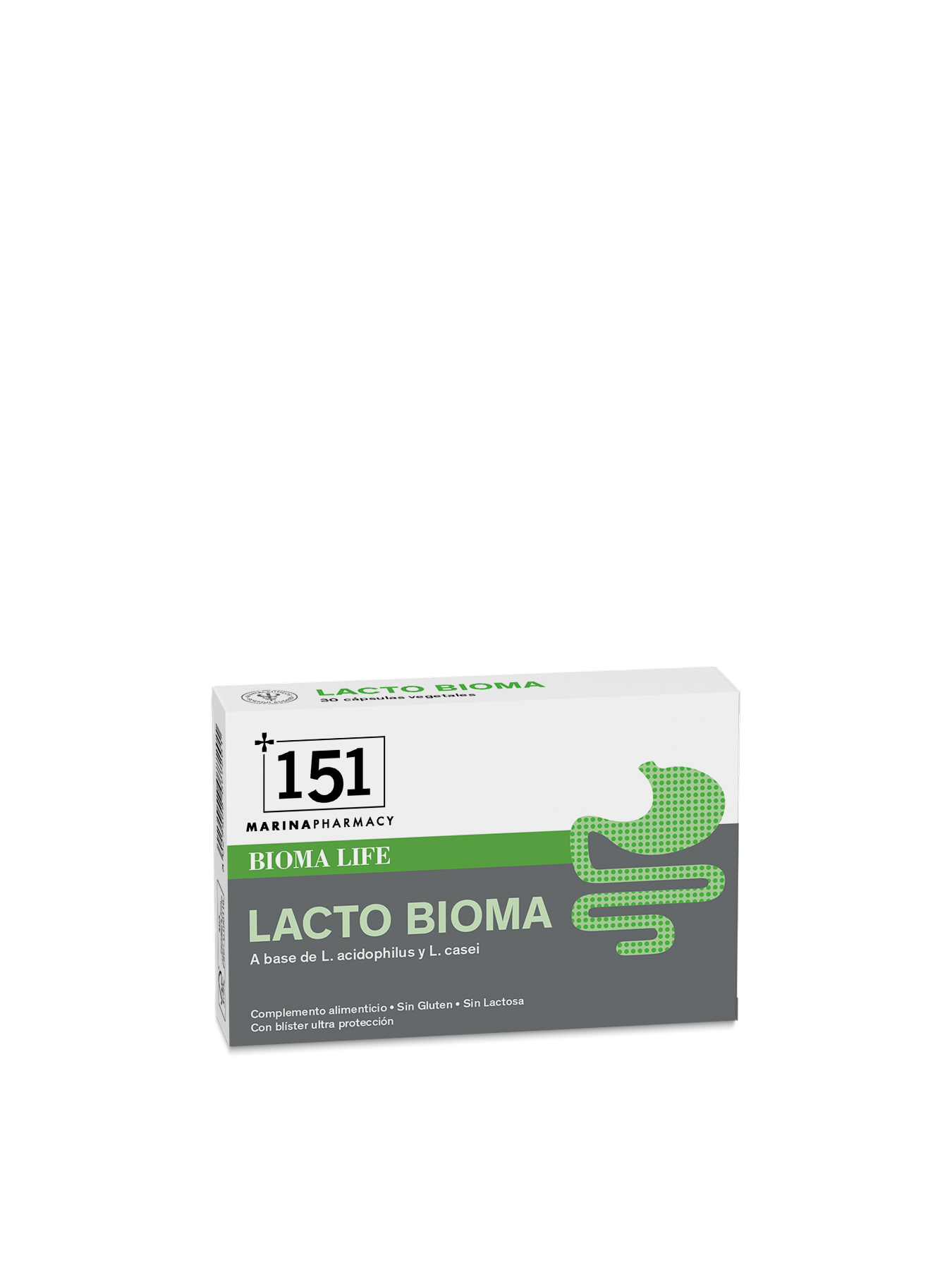 Envase de Lacto Bioma de la línea Bioma Life con 30 cápsulas vegetales de lactobacilos en blíster