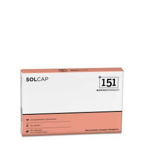 Envase de Solcap de 151 Marina Pharmacy con 30 cápsulas softgel de licopeno y betacaroteno