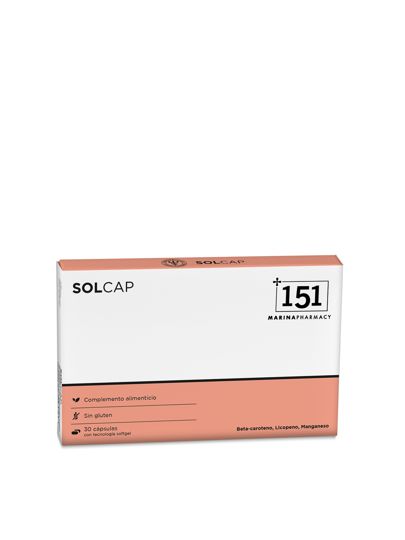 Envase de Solcap de 151 Marina Pharmacy con 30 cápsulas softgel de licopeno y betacaroteno